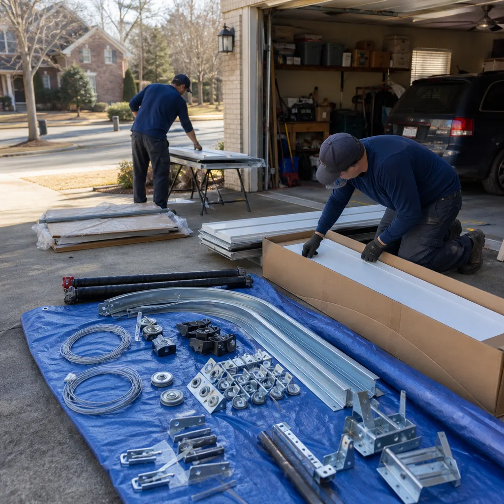 Two professional technicians installing a new garage door system on site