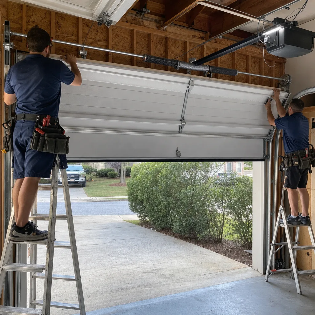 Professional technicians installing a new residential garage door system