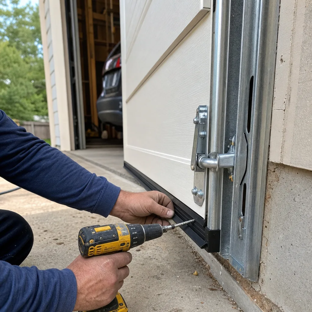 Technician using a drill to install garage door bottom weather seal