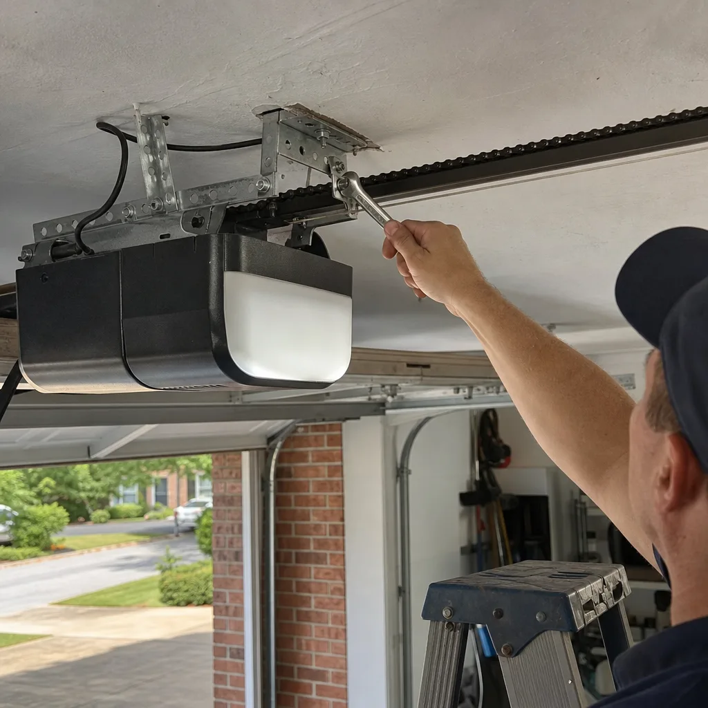 Technician performing professional garage door opener repair