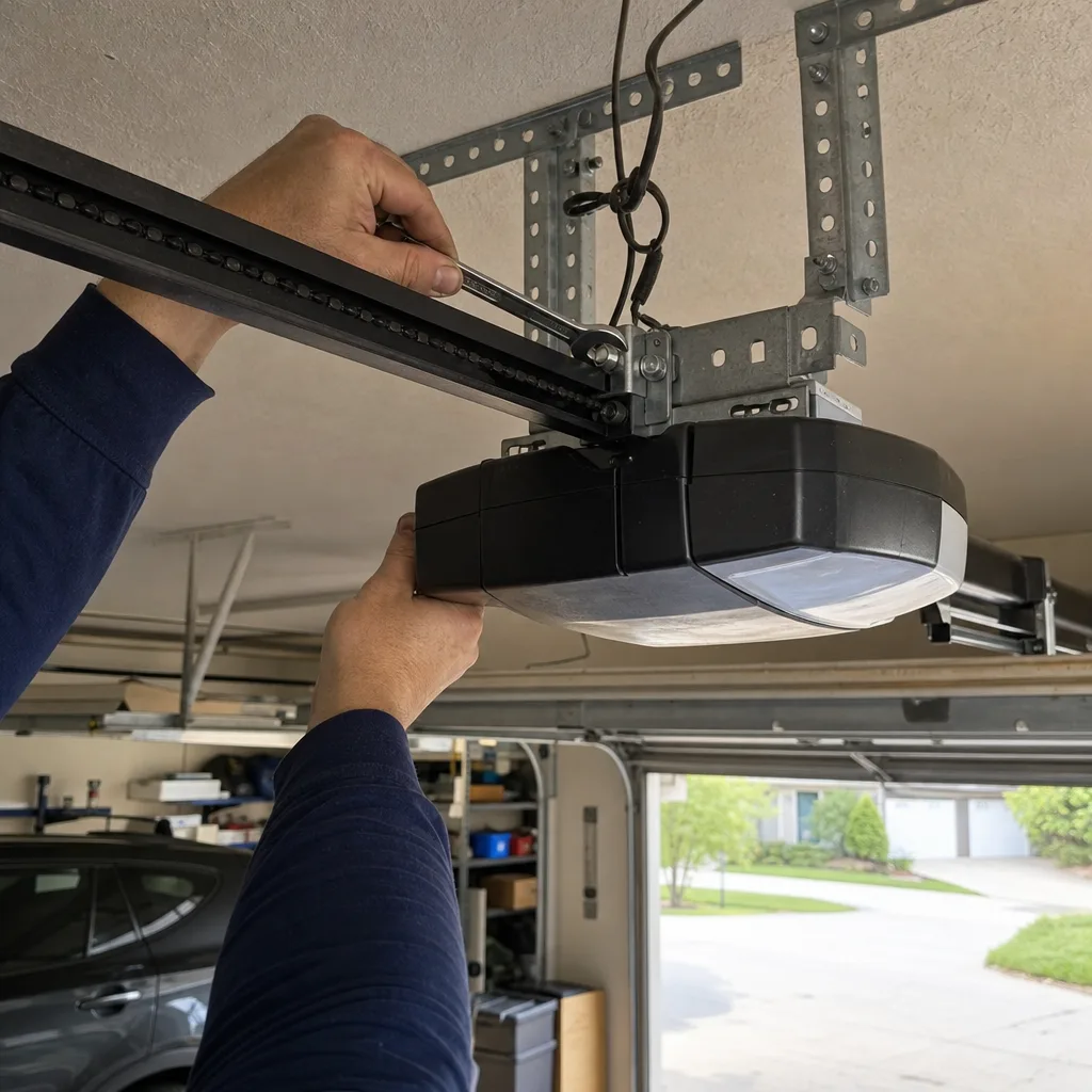 Technician performing professional garage door opener repair and maintenance.