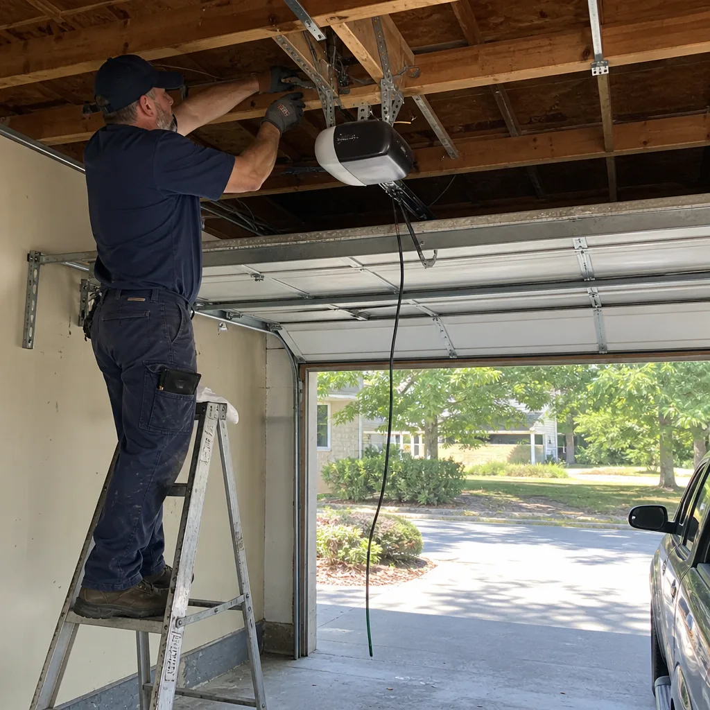Technician performing professional garage door opener repair services