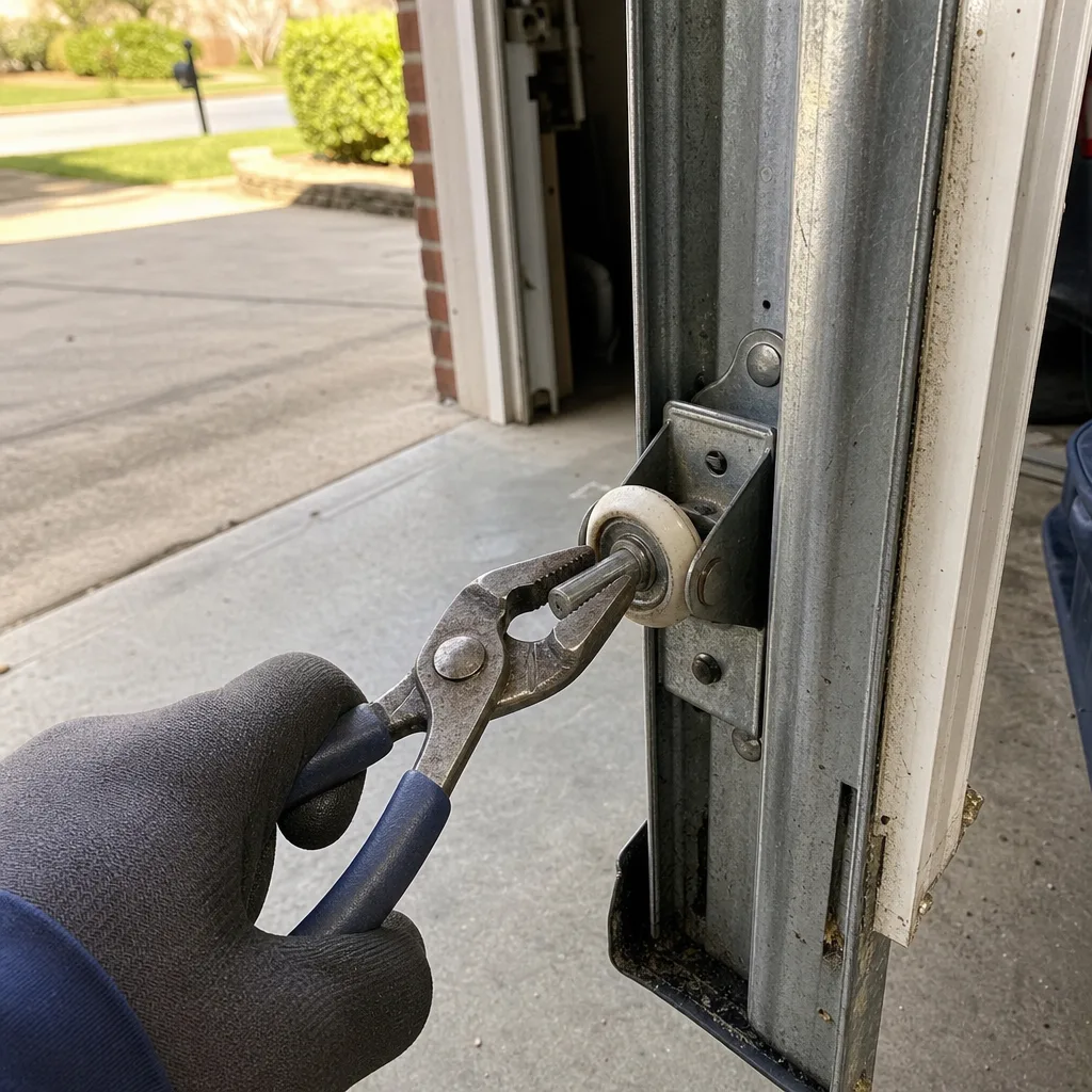 Hand using pliers to repair a garage door roller on track nationwide
